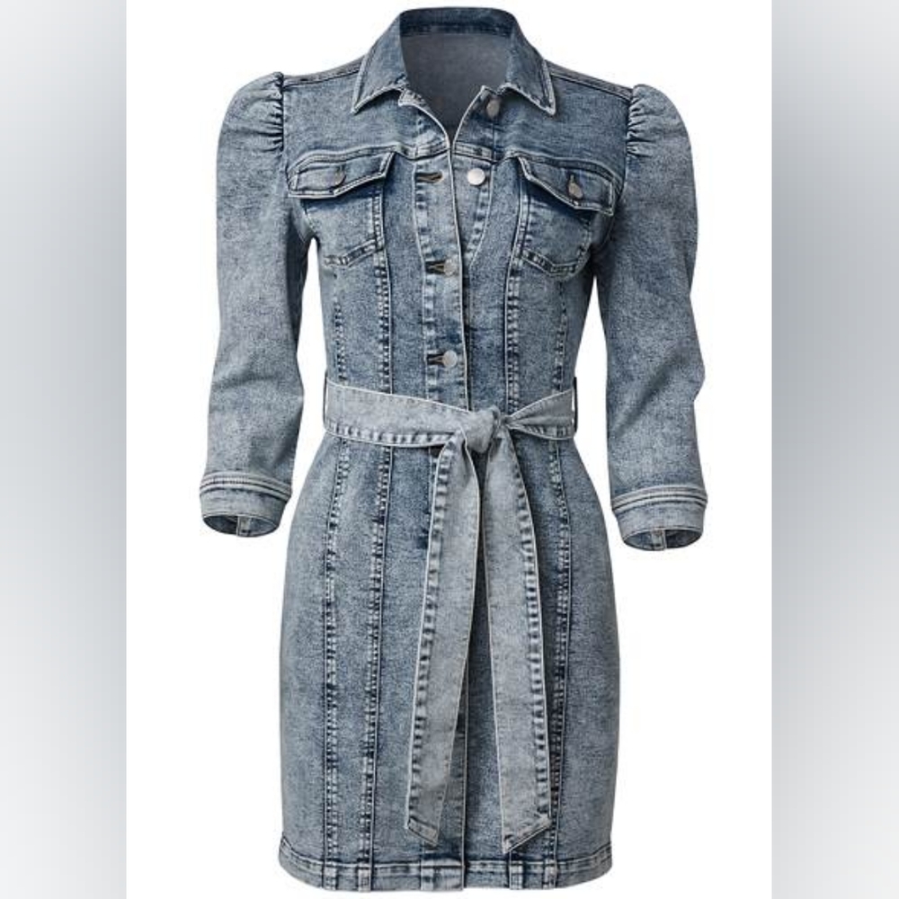 VENUS Blue Sheath Dress with Puff Sleeves and Notched Collar